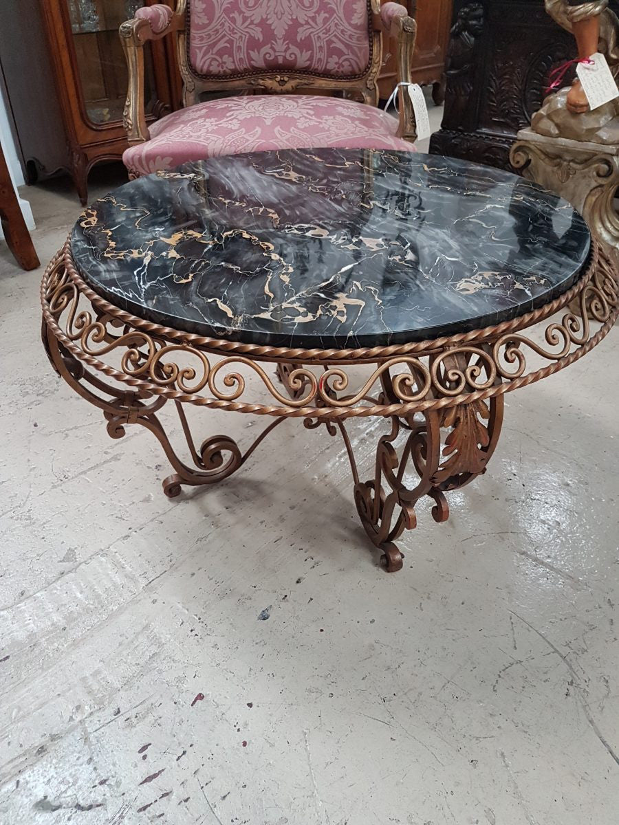 French Art Deco Portoro Marble Top Wrought Iron Coffee Table
