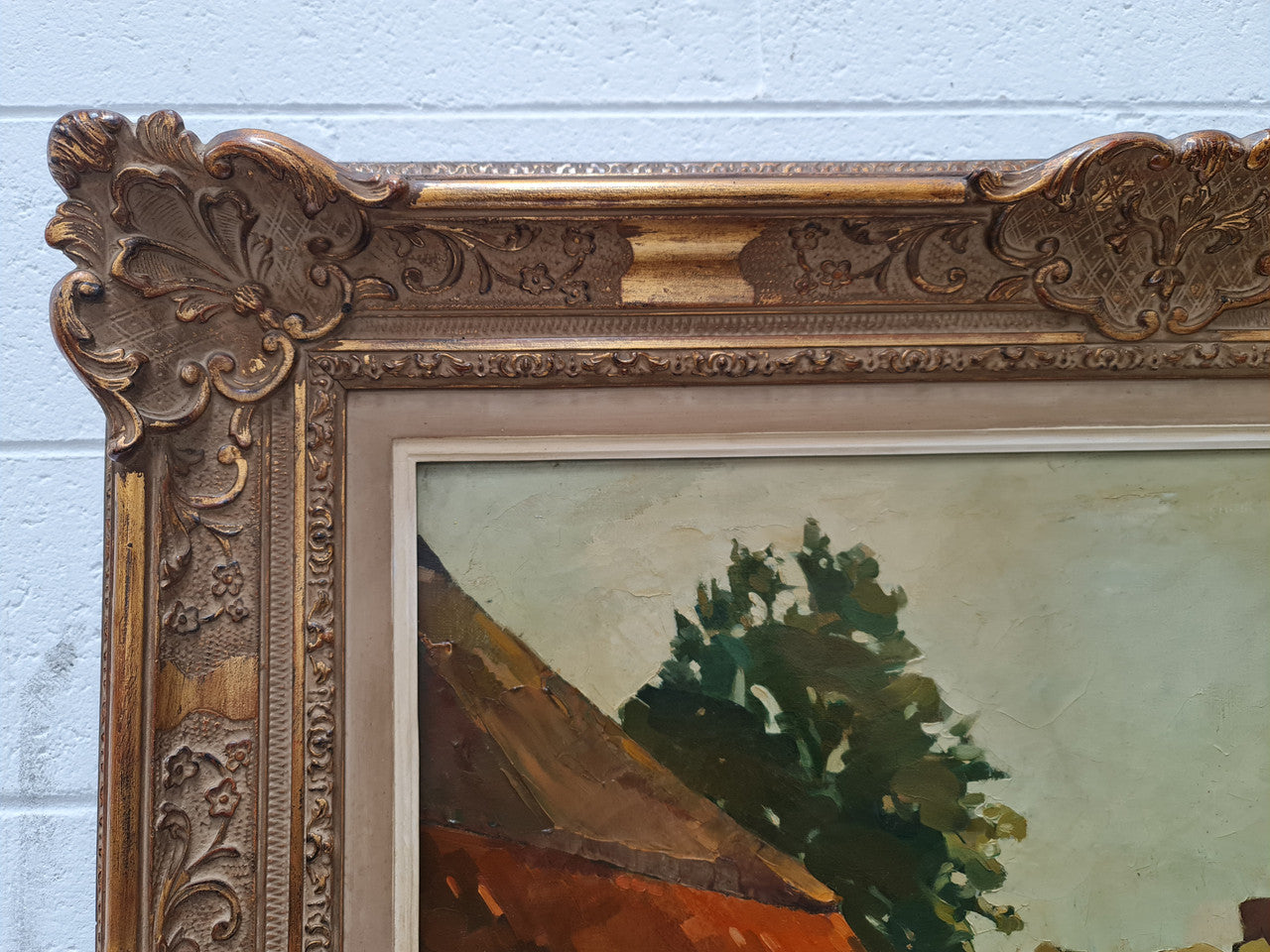 Sourced in France is this beautiful oil on canvas of a country cottage scene in a ornate decorative frame and in good original condition.