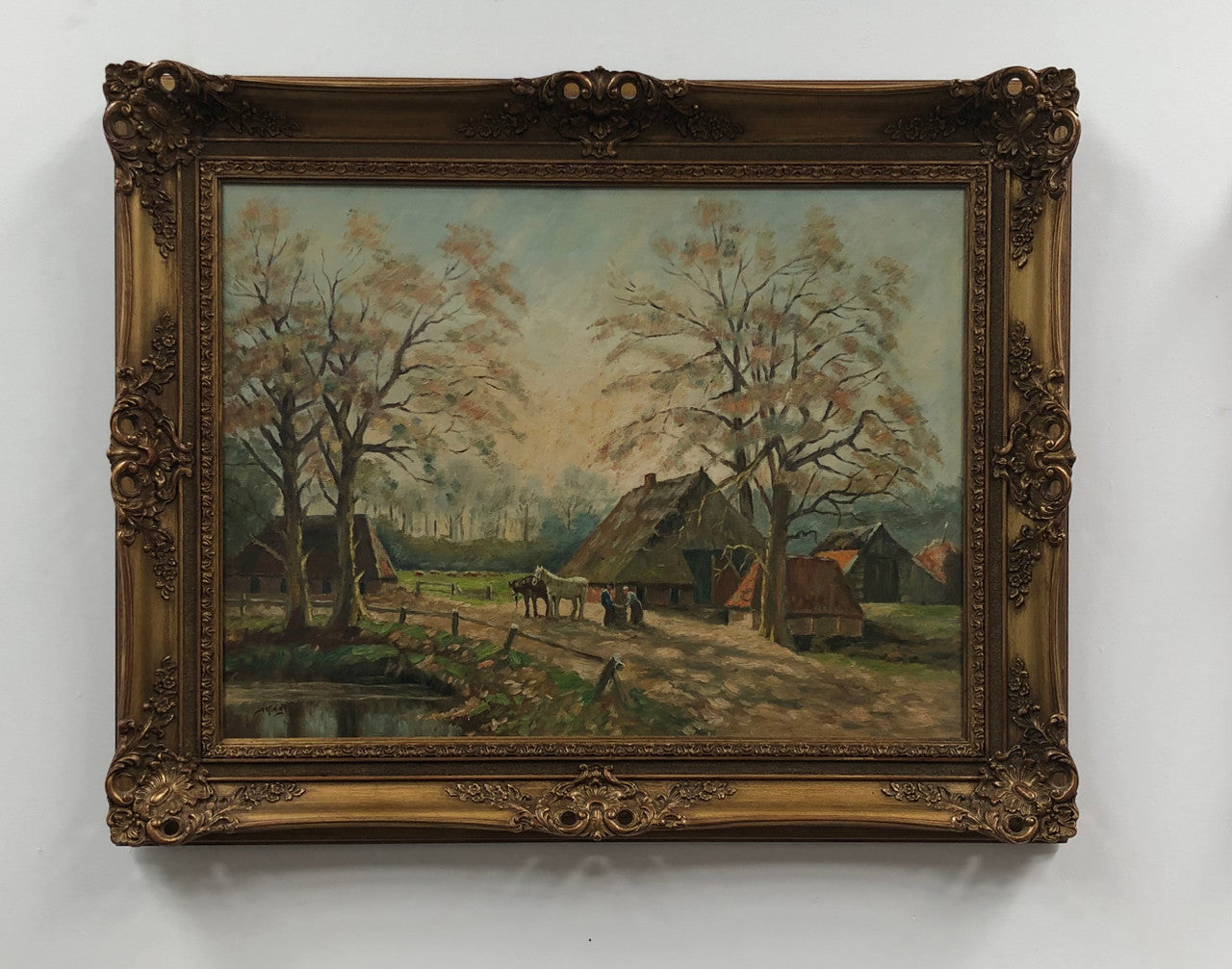Sourced in france is this beautiful signed Dutch oil on canvas of a farm scene framed in a ornate frame. In good original condition.