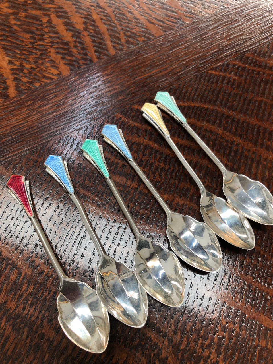 Set Of Six English Art Deco Silver And Enamel Spoons