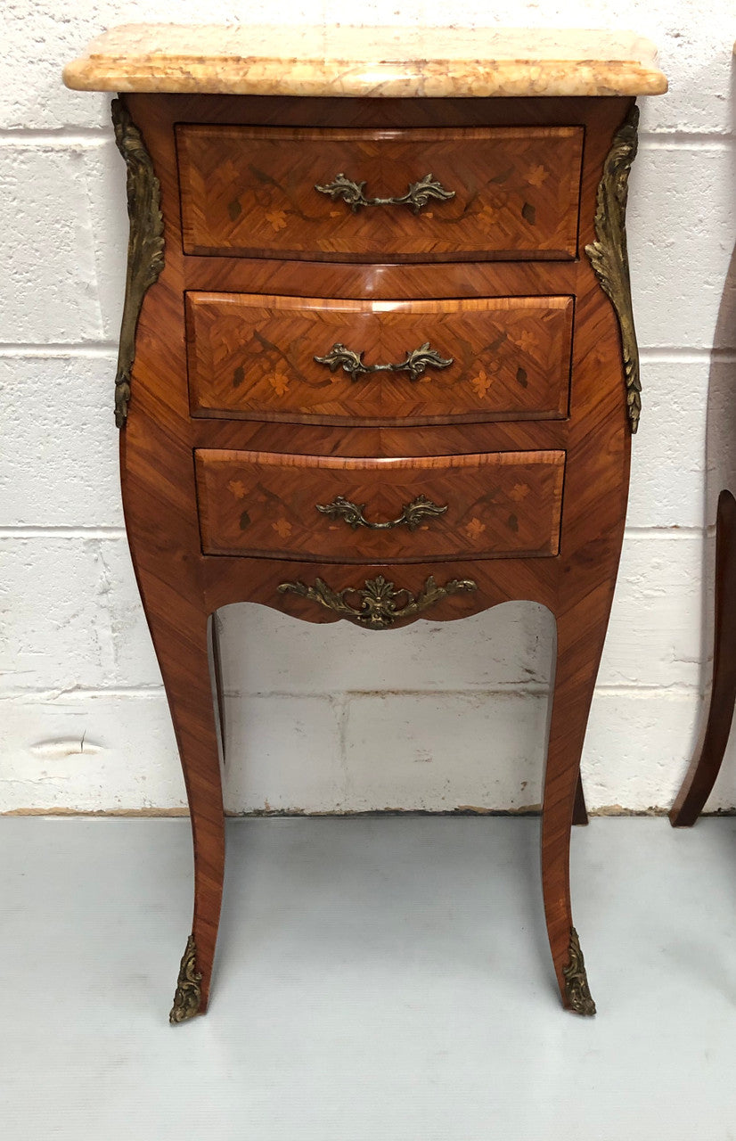 Pair of French Louis XV Style Marquetry Inlaid Marble Top Bedsides