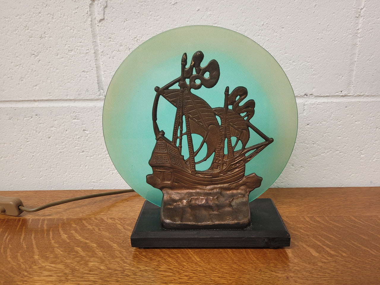 Art Deco bronze glass ships lamp. It has been rewired and is from circa 1920's.