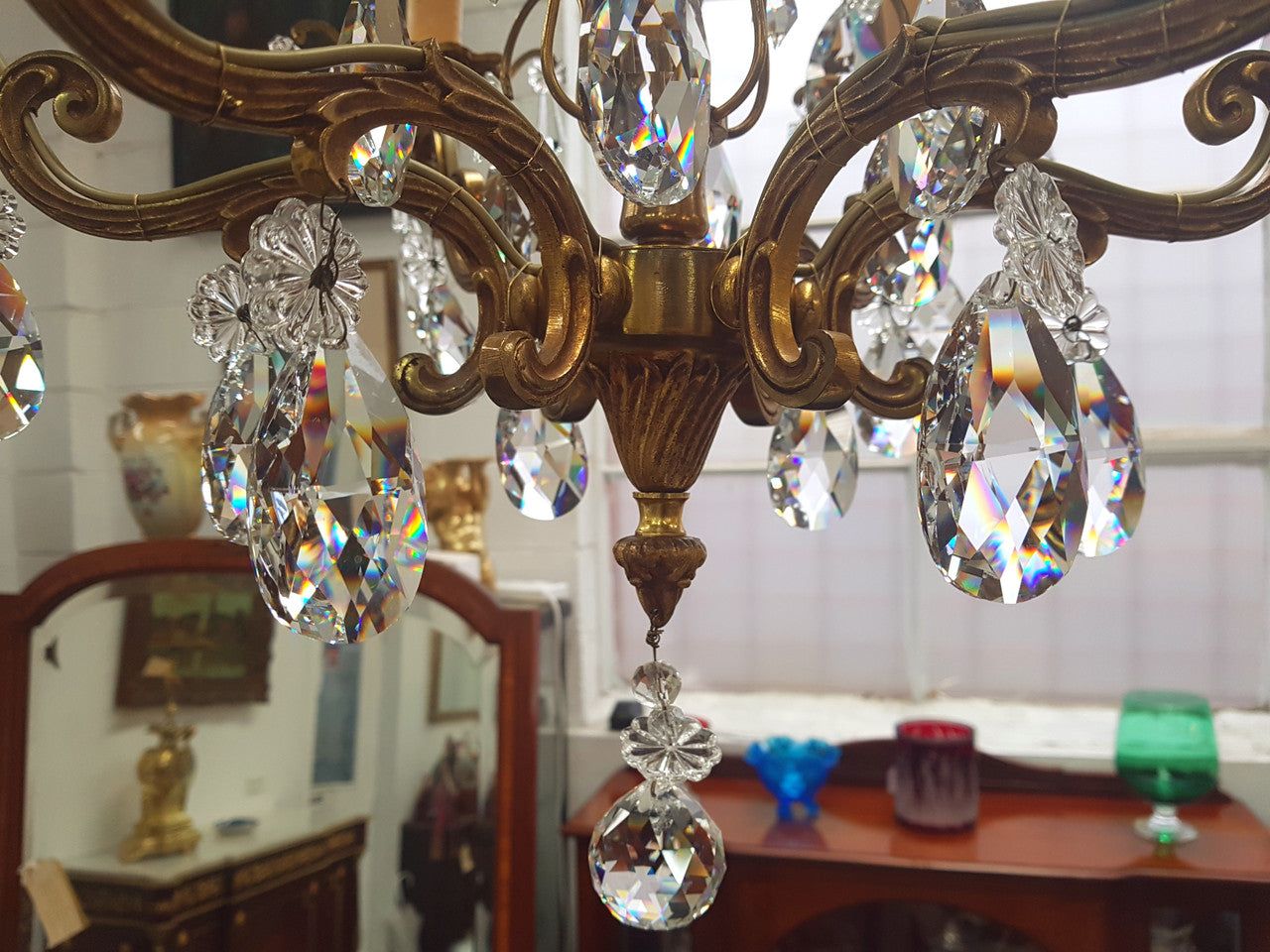 French Brass & Crystal Six Arm Candle Light Chandelier