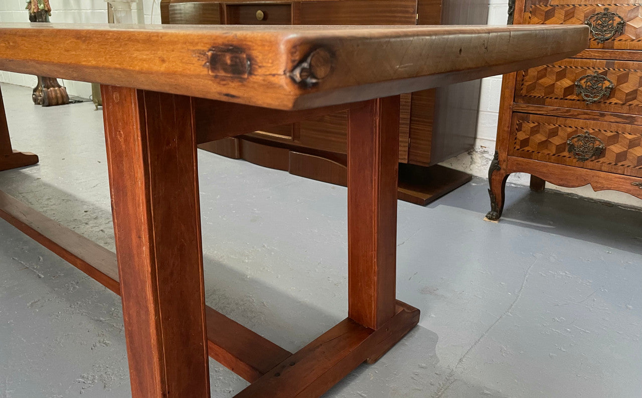 Rare 19th Century French Mahogany 3.1 m pedestal farmhouse table. It has an original wax finish and is in good original detailed condition.