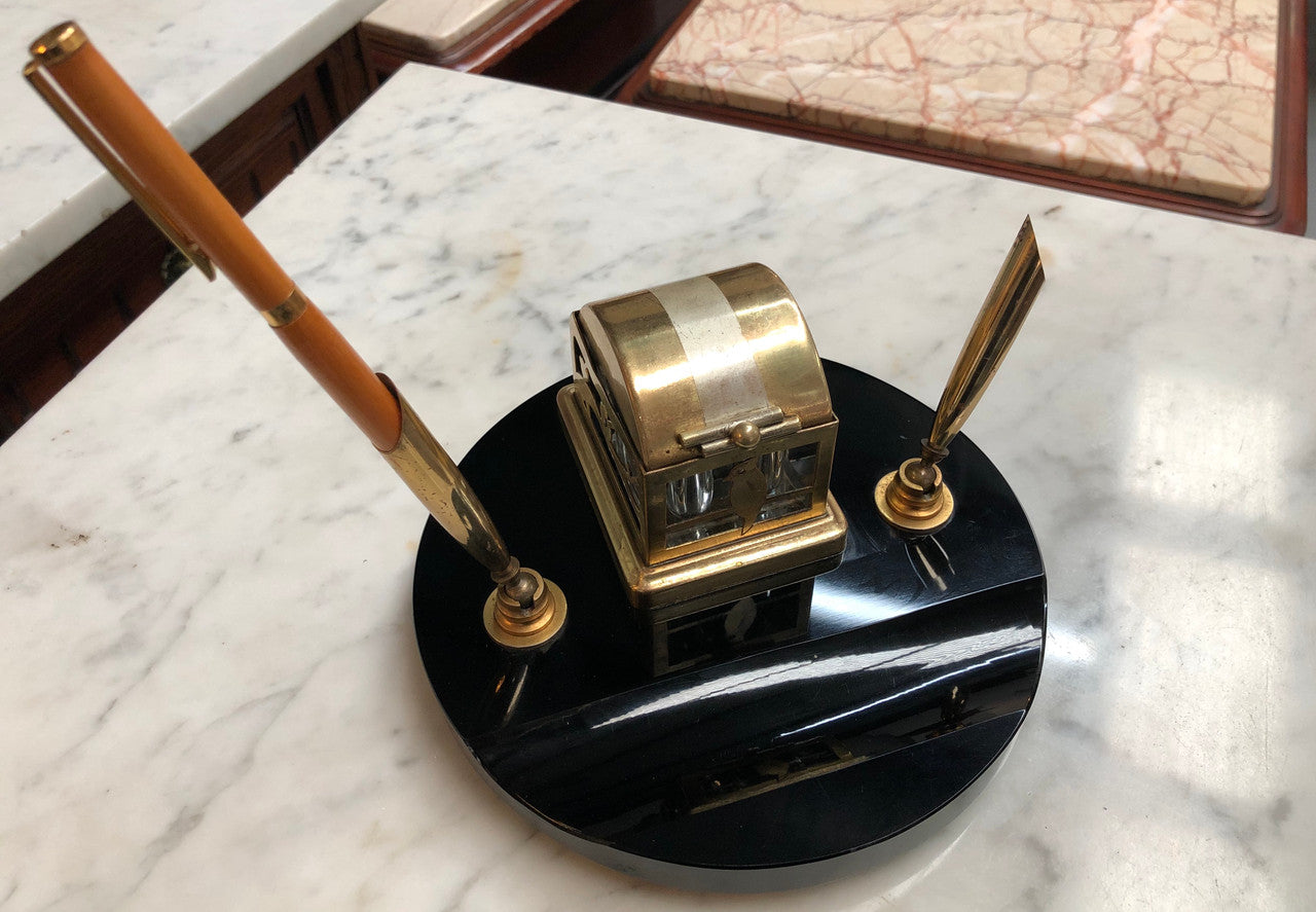 Round Art Deco Brass & Glass Ink Well