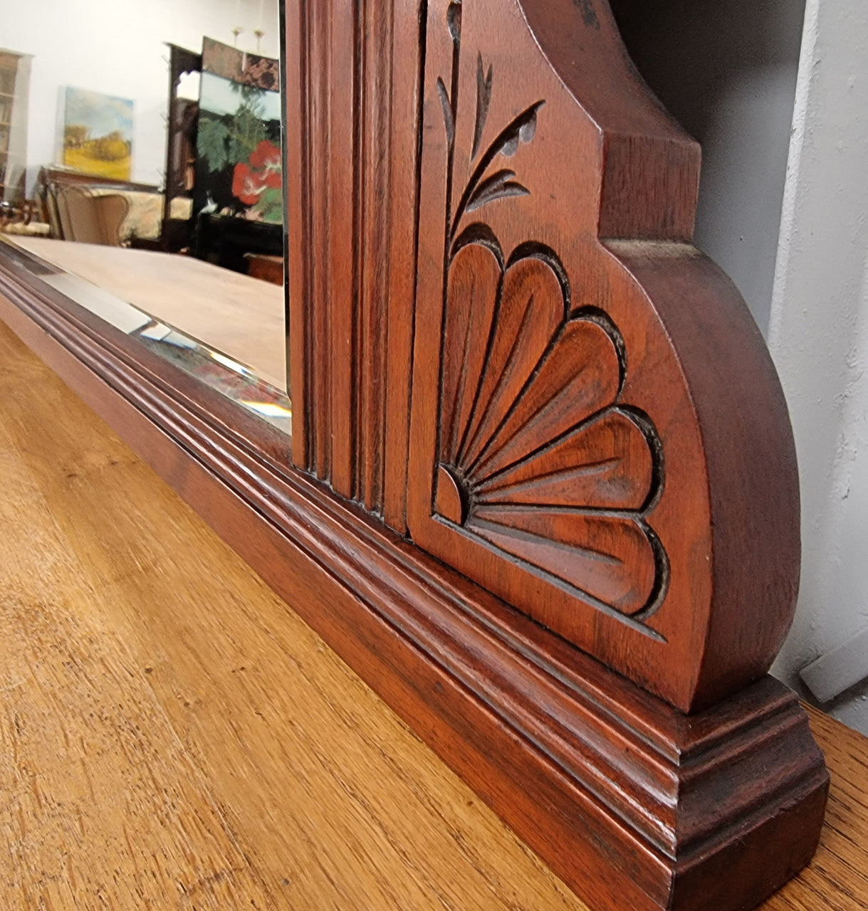 Beautiful Walnut nicely carved Edwardian mantle mirror. In good original condition and still has its original mirror.