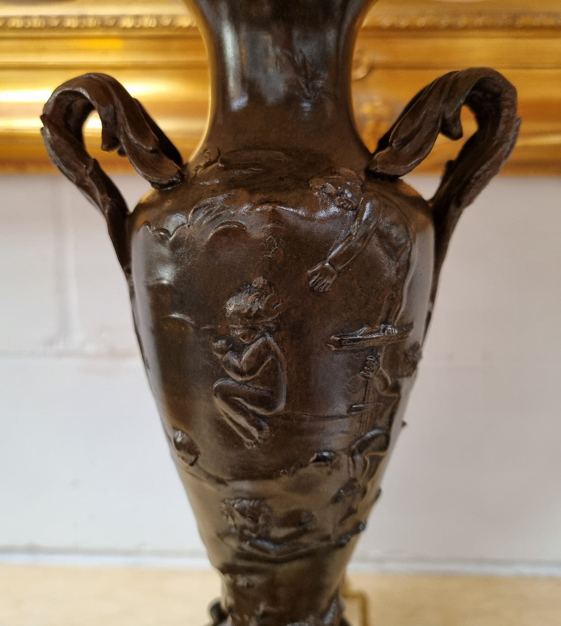 Pair of decorative Antique French gilt bronzed metal and marble table lamps. In good original detailed working condition.