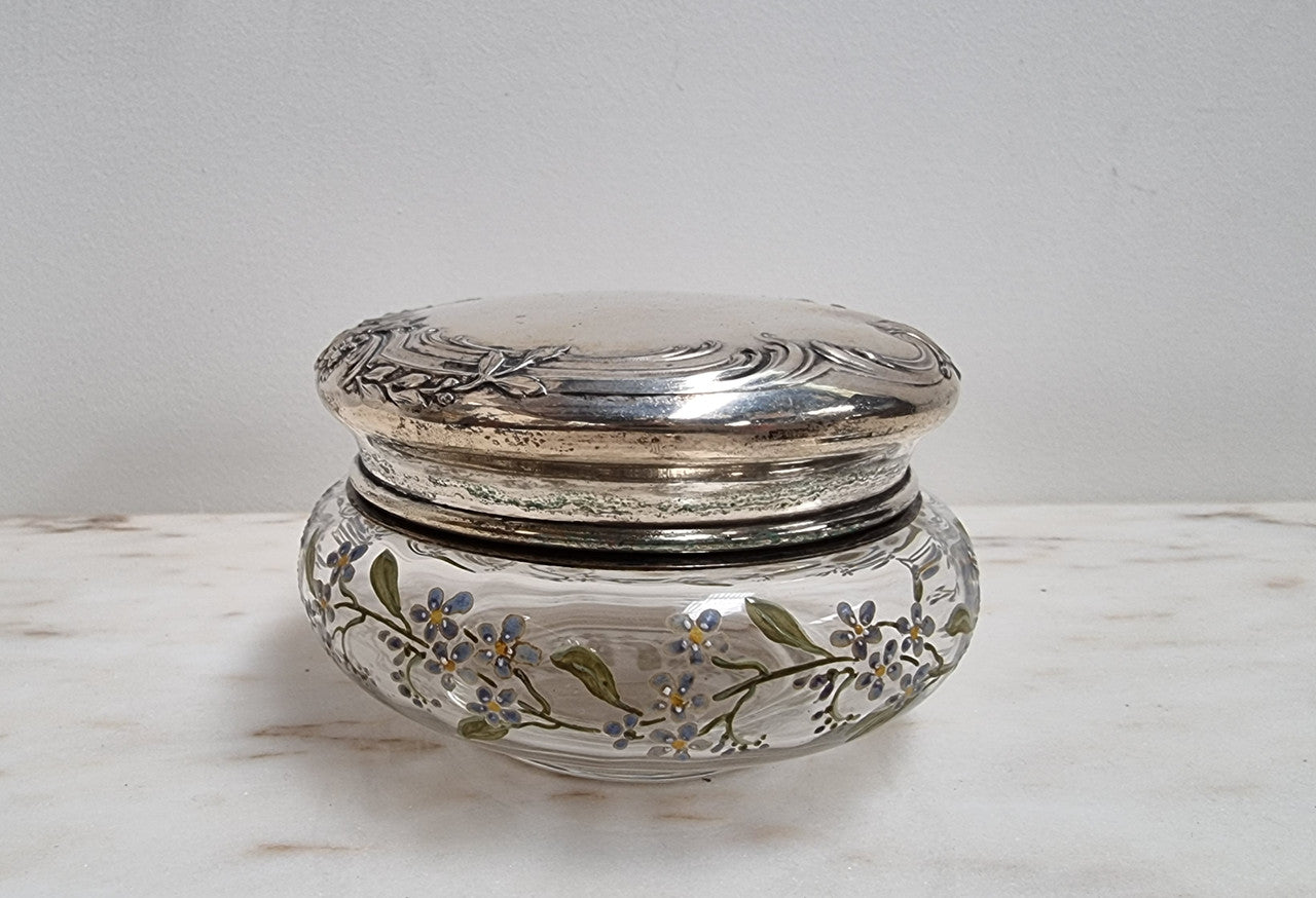 Edwardian Enameled Pattern Glass Dressing Table Bowl with Silver Plate Top