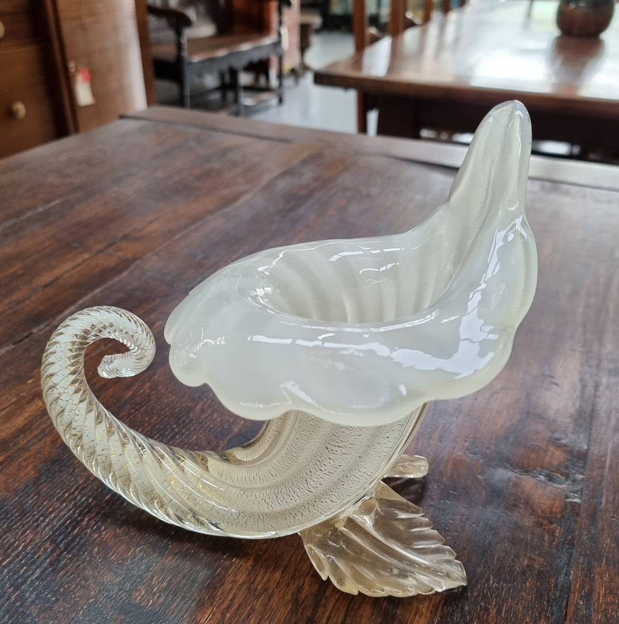 Large Vintage Murano white with adventuring glass cornucopia.