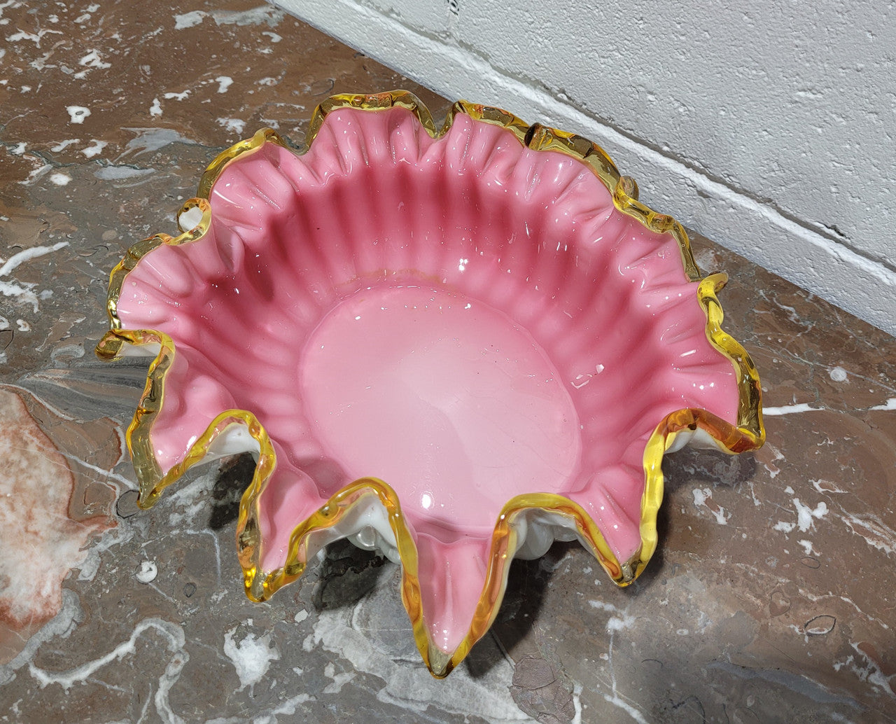 Edwardian American large white/pink cased glass and yellow ruffled edged bowl. In good original condition with no chips.