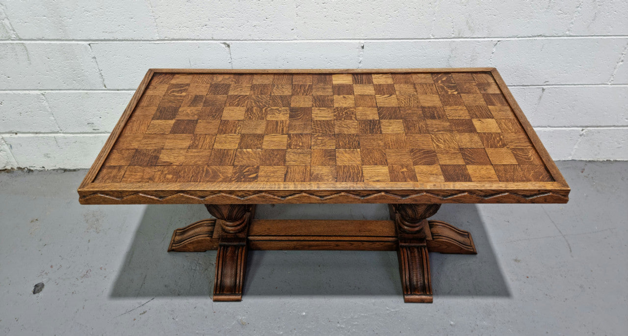 Amazing French Oak solid parquetry top coffee table. Great size and in very good original detailed condition.