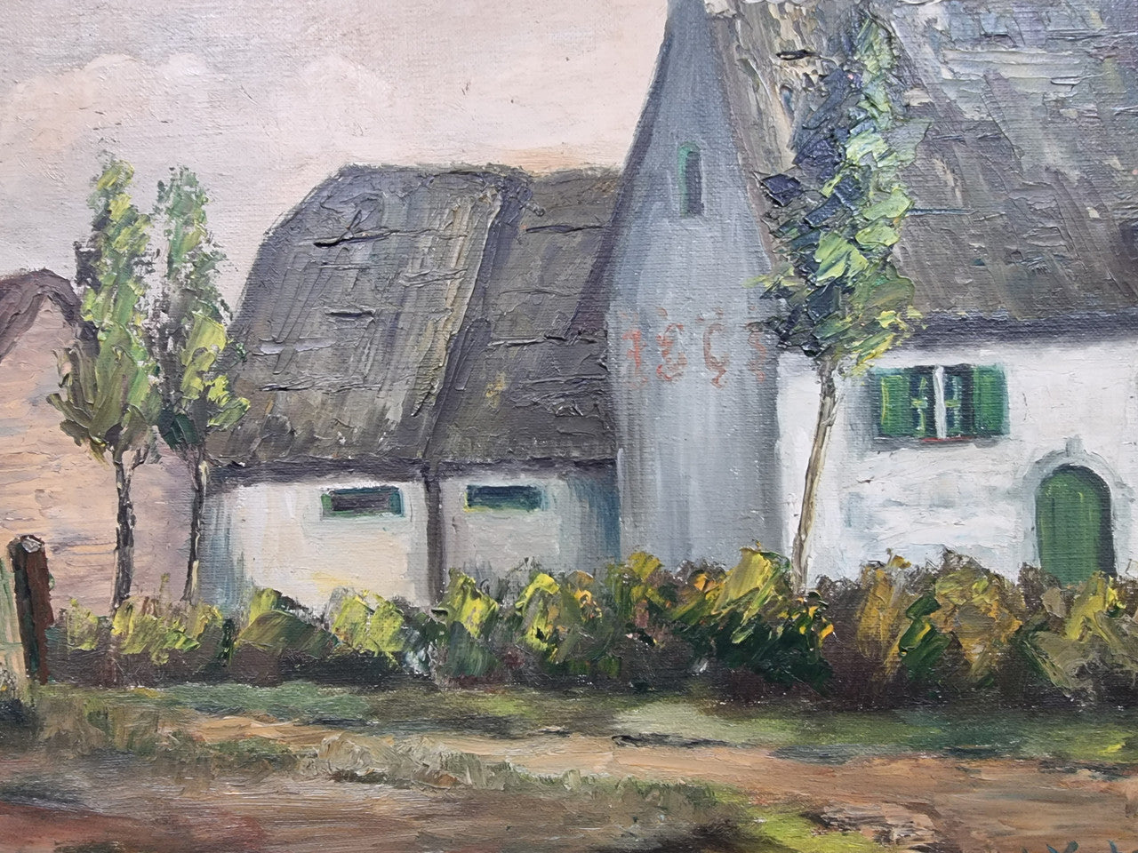 French signed oil on canvas depicting farmhouse in a lovely gilt frame. It is in good original detailed condition and has been sourced from France.