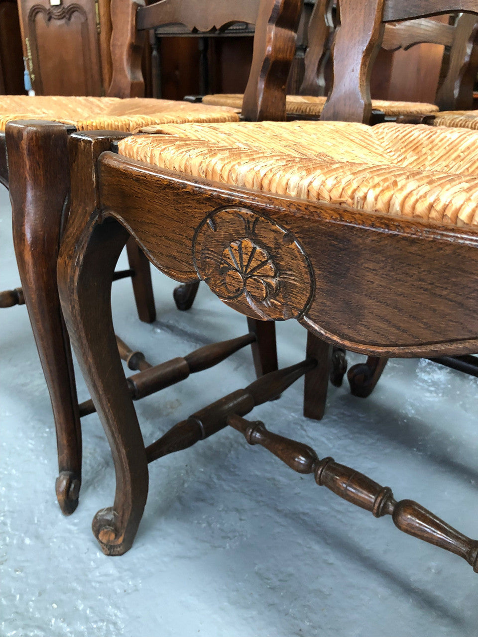 Lovely Set Of Six French Oak Rush Seat Dining Chairs