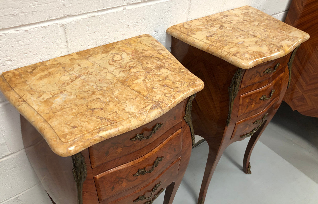 Pair of French Louis XV Style Marquetry Inlaid Marble Top Bedsides