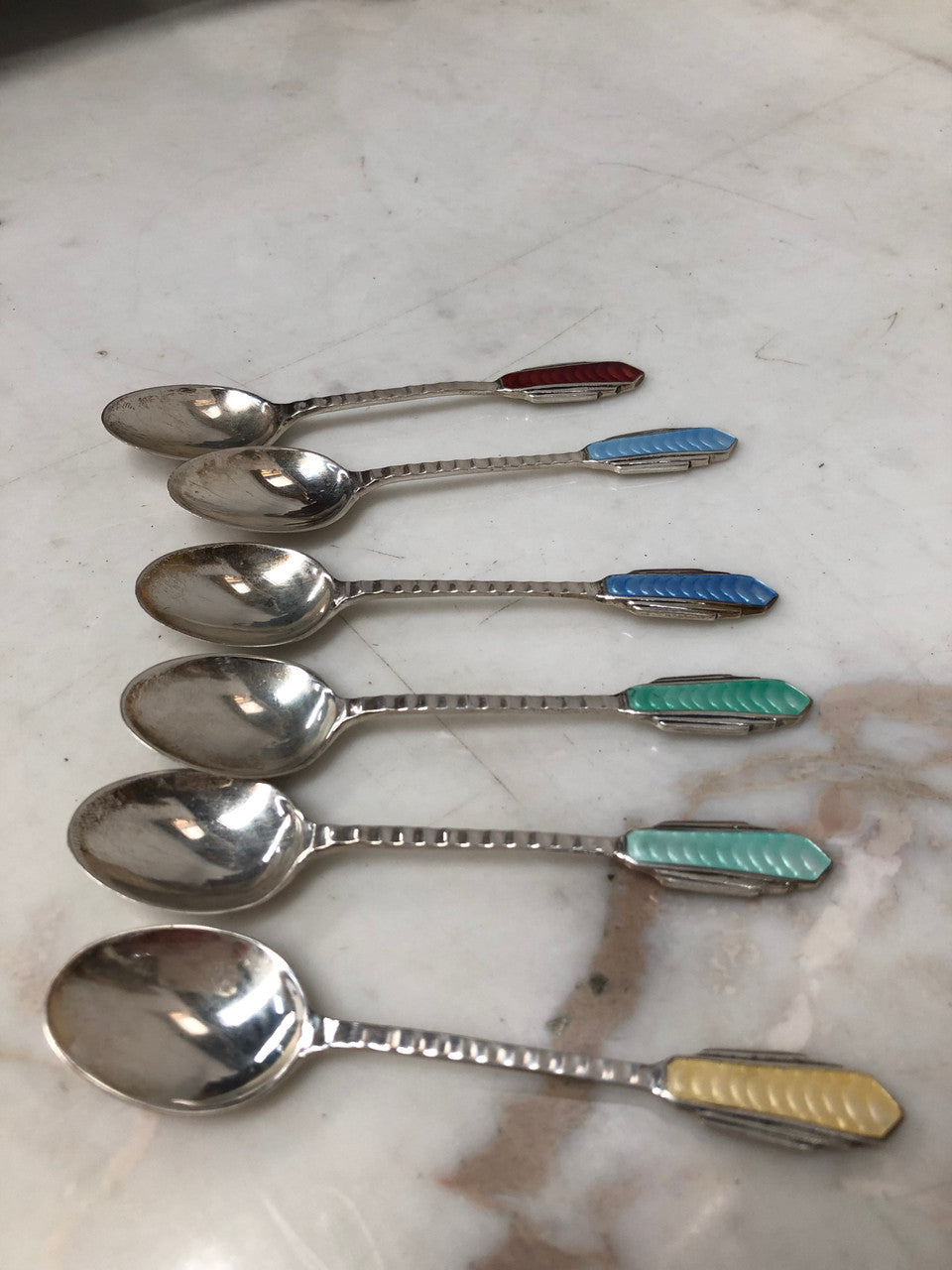 Set Of Six English Art Deco Silver And Enamel Spoons Hallmarked