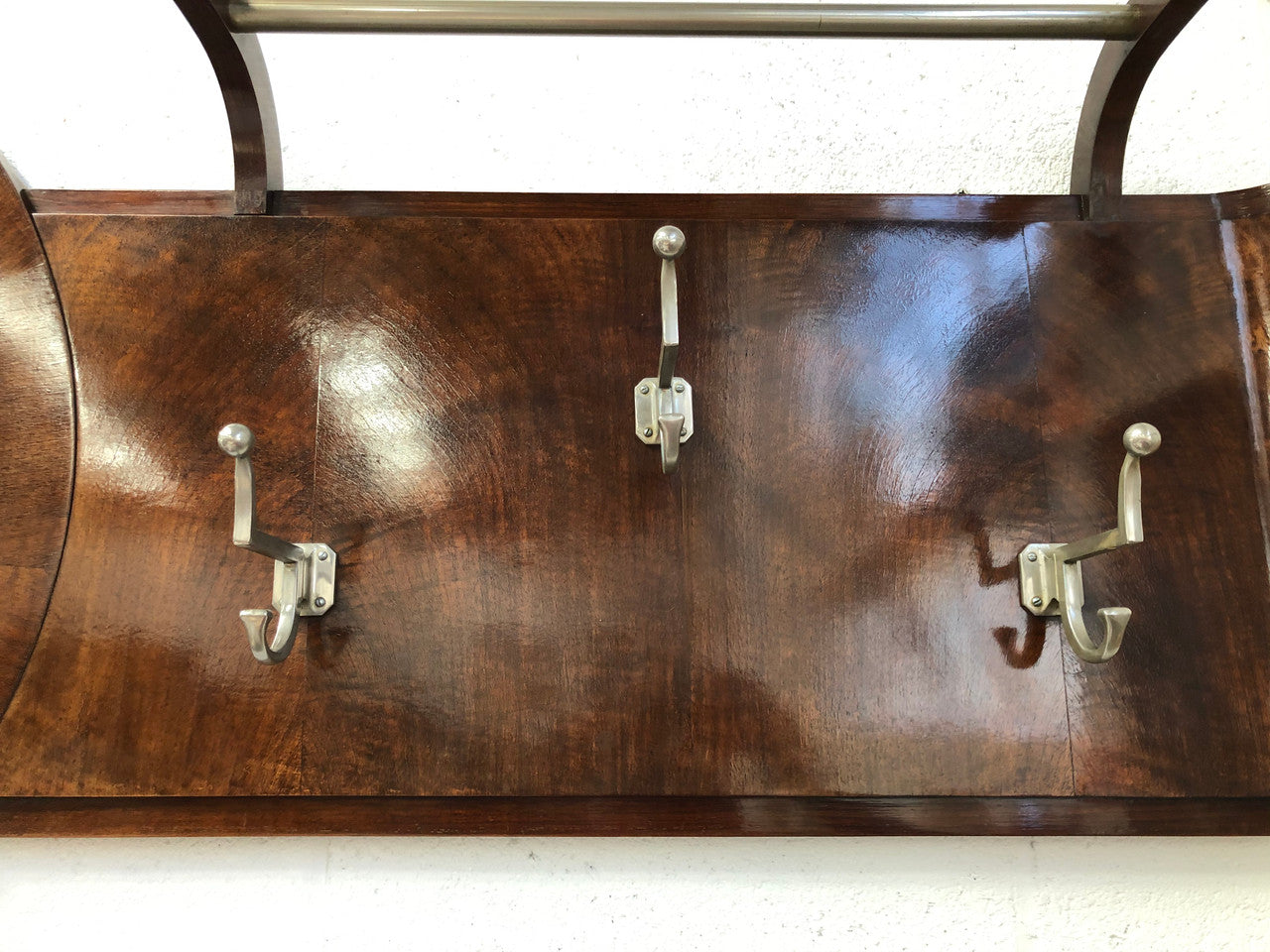 French Art Deco Walnut Coat & Hat Rack With Mirror