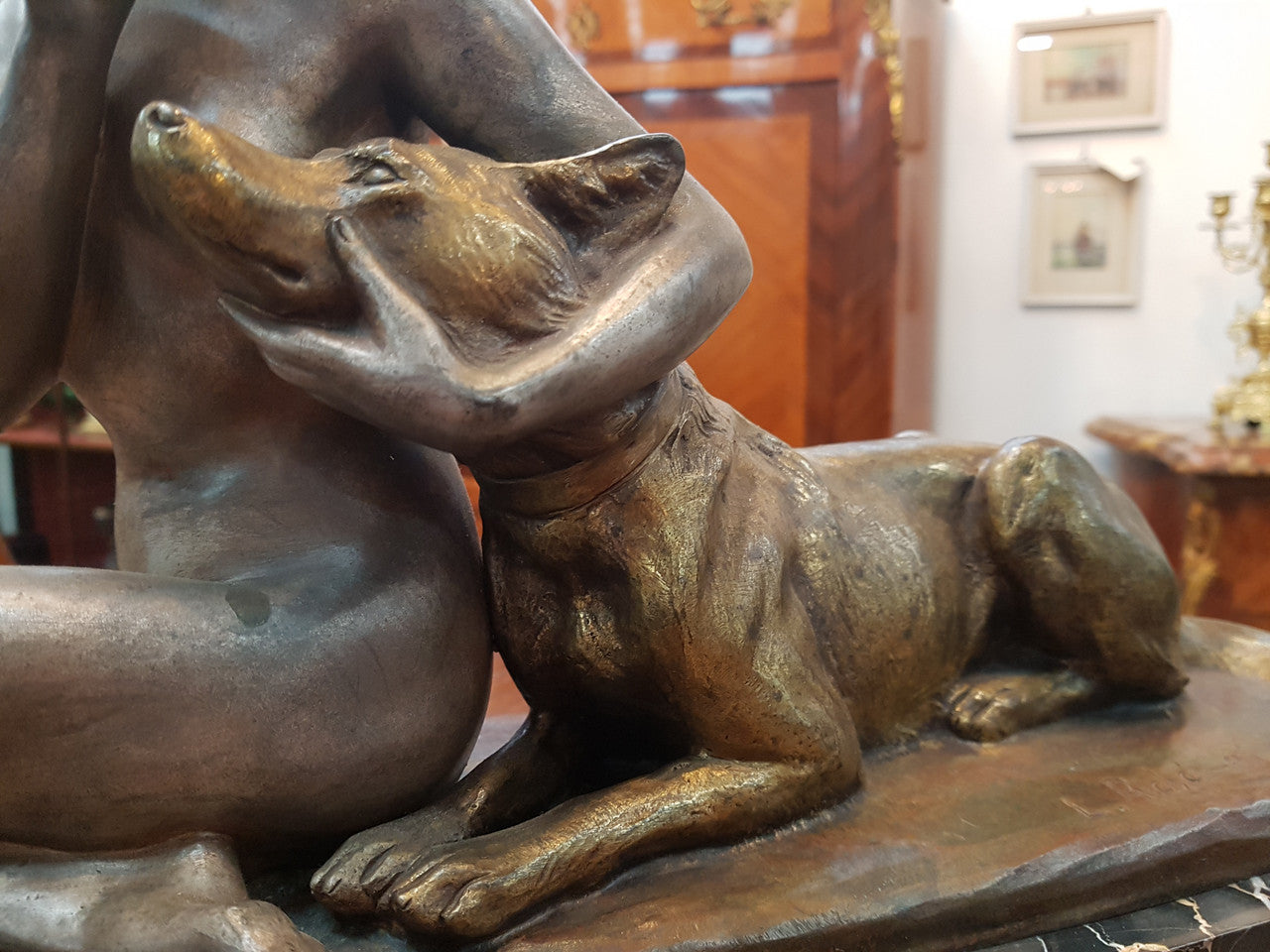 French Art Deco Lady & German Shepherd Bronze