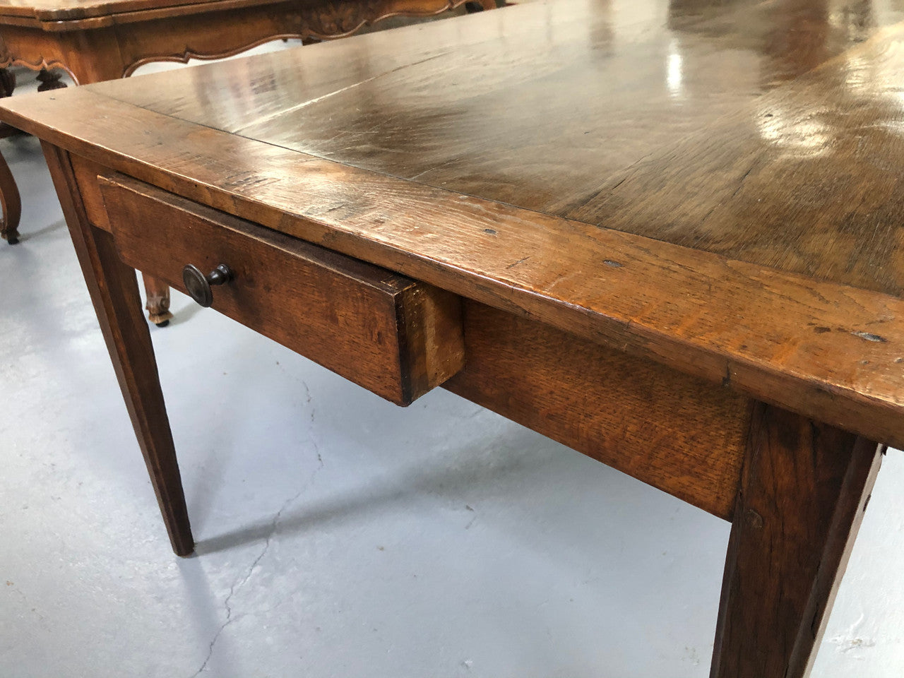 French Elm & Oak Farmhouse Table With Tapered Legs & Drawers