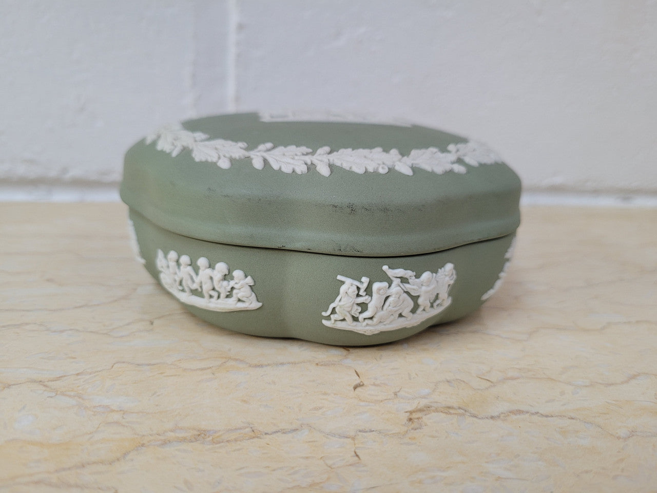 For Sale At Moonee Ponds Antiques Vintage classical design green jasper “Wedgwood” large round lidded trinket box. In good condition please view photos as they help form part of the description.