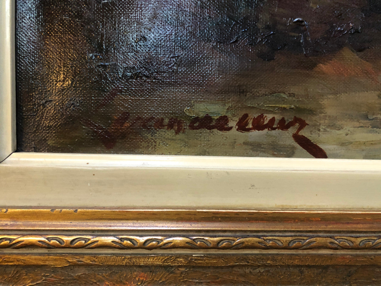 Sensational "Moody" oil on canvas landscape painting in a ornate gilt frame. In good original condition.