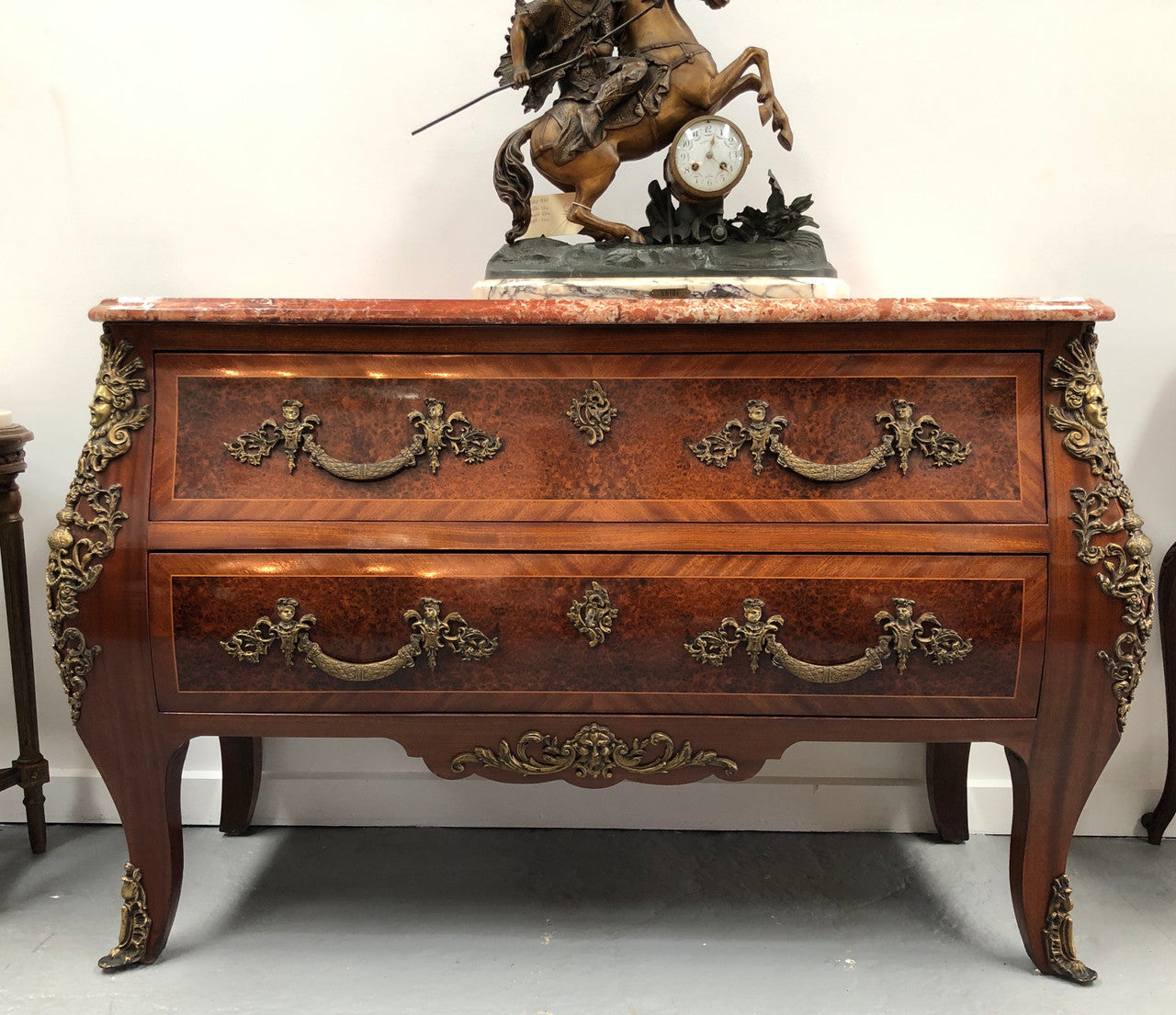 Grande French Louis XIV th style Amboyna and walnut two drawer marble top commode, with amazing detailed ormolu mounts, and sienna colour marble top. In good original detailed condition.