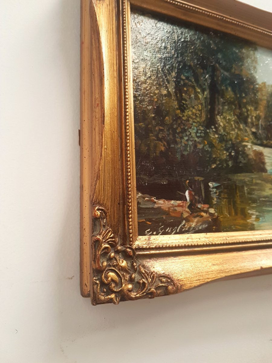 A Decorative Oil On Board Italian Fishing River Scene Signed By Guglielmo-1