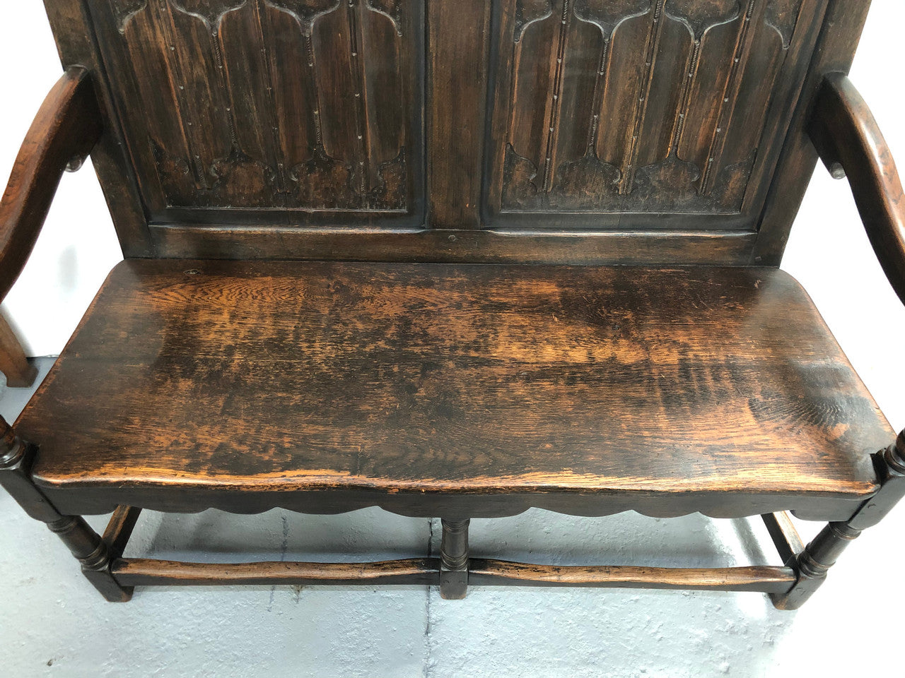 French 19th Century Oak hallway bench seat. Very comfortable to sit on and is in good original detailed condition.