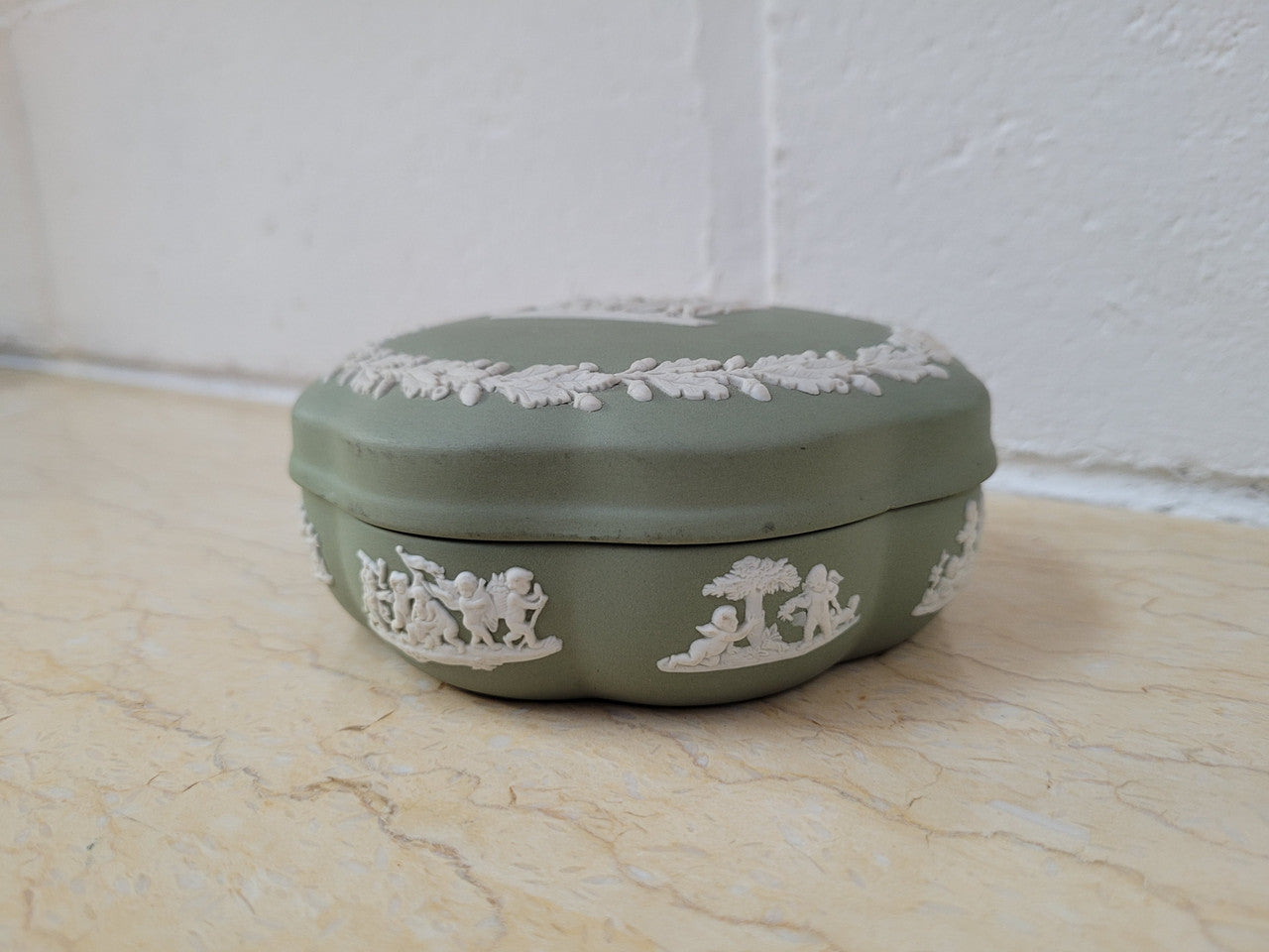 For Sale At Moonee Ponds Antiques Vintage classical design green jasper “Wedgwood” large round lidded trinket box. In good condition please view photos as they help form part of the description.
