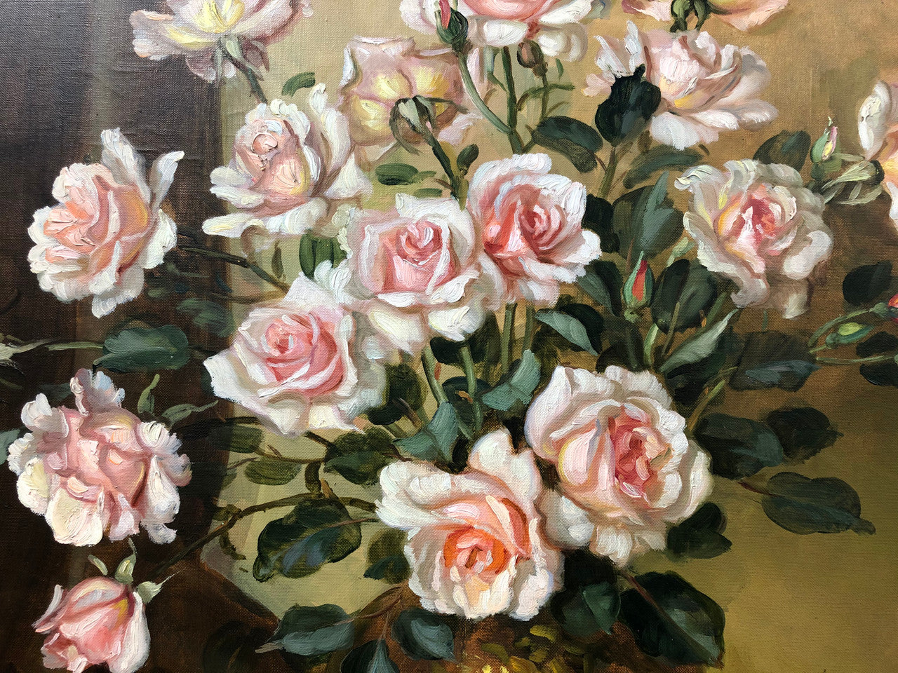 Large French signed oil on canvas of flowers. From circa 1950s and is in good original condition.