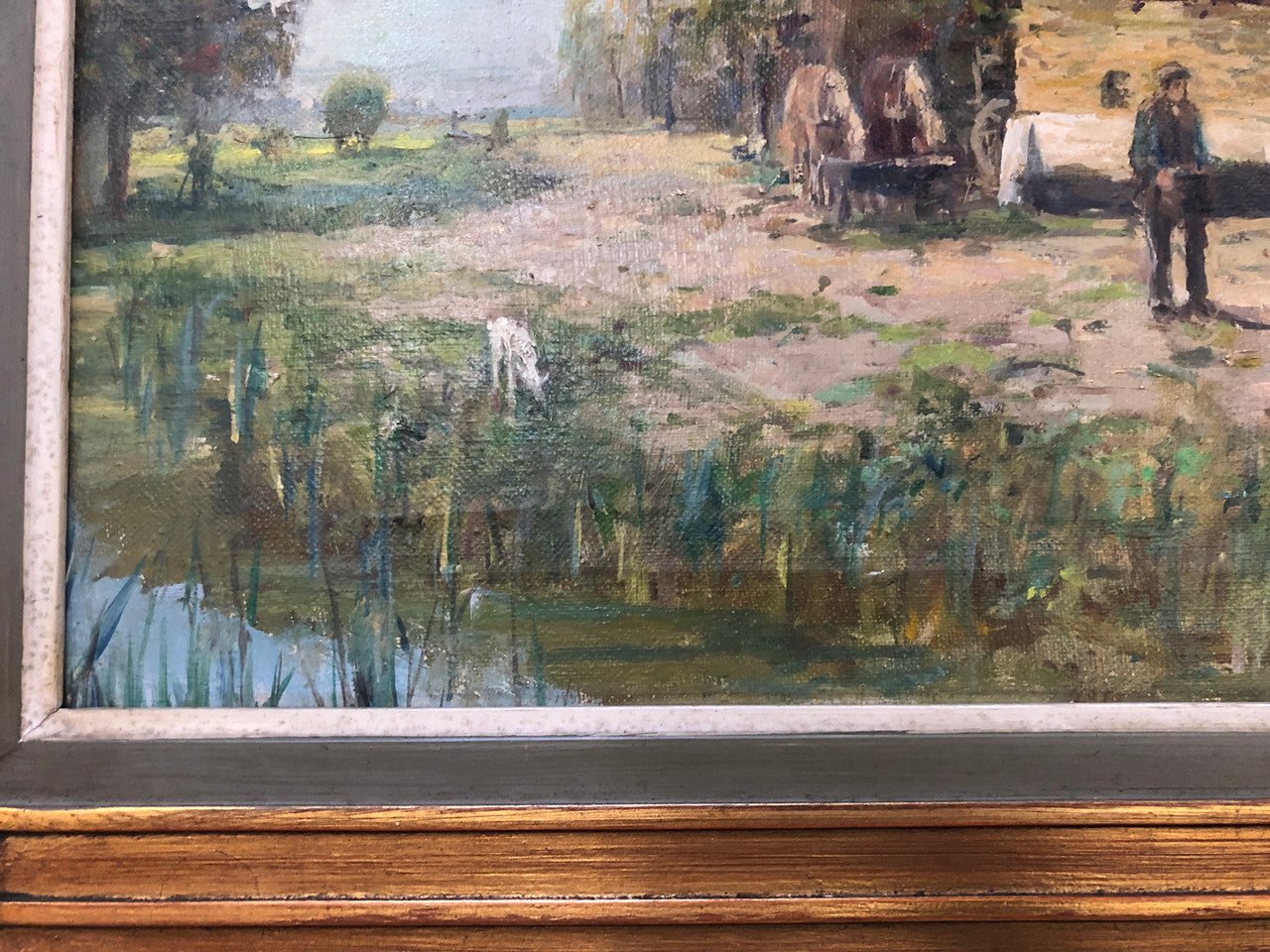 French oil on canvas of a beautiful farm scene in a lovely ornate frame, and in good original condition.