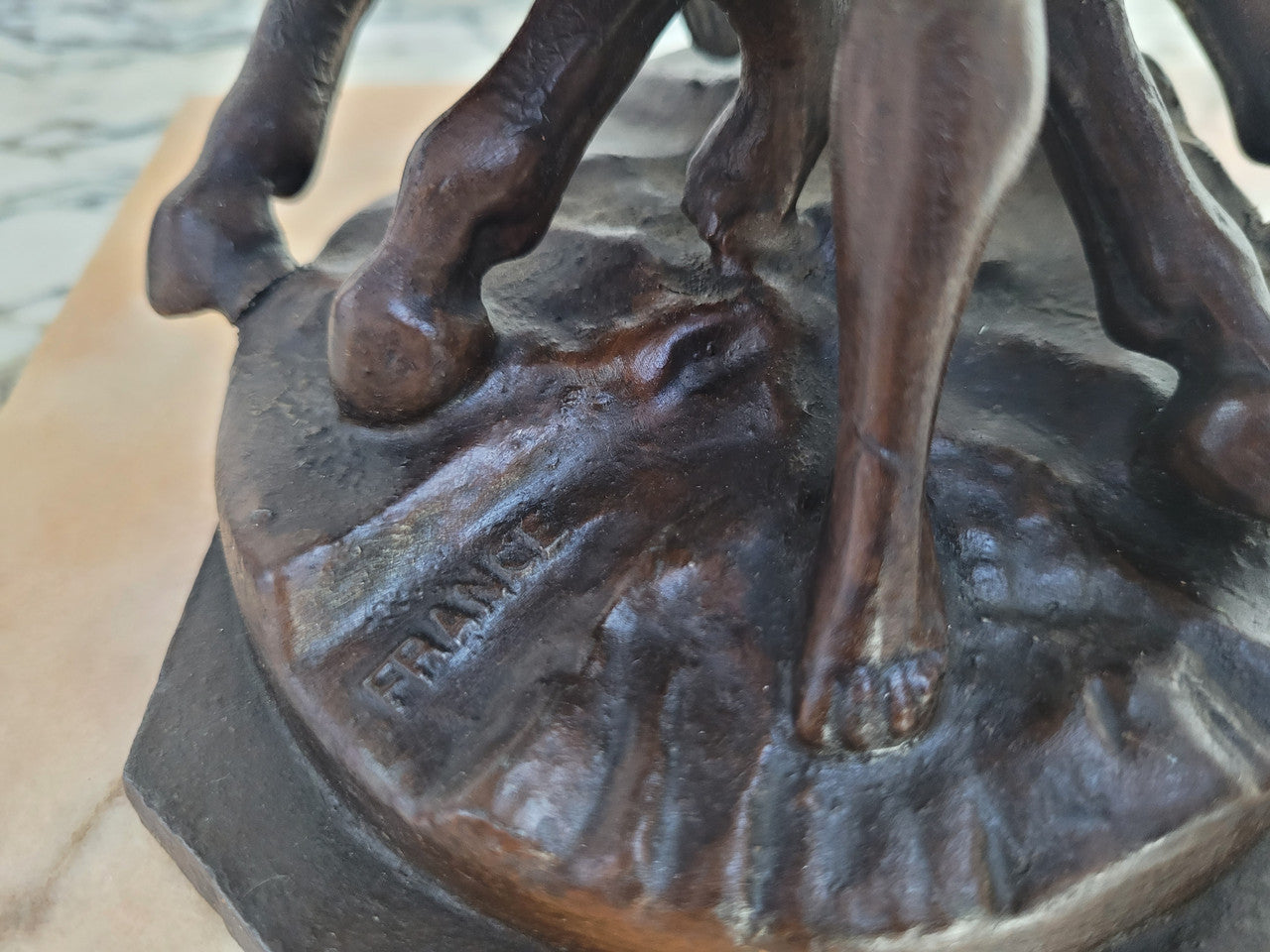French Art Deco cold painted bronze metal marley horses style statue on a marble base. It is in good condition.