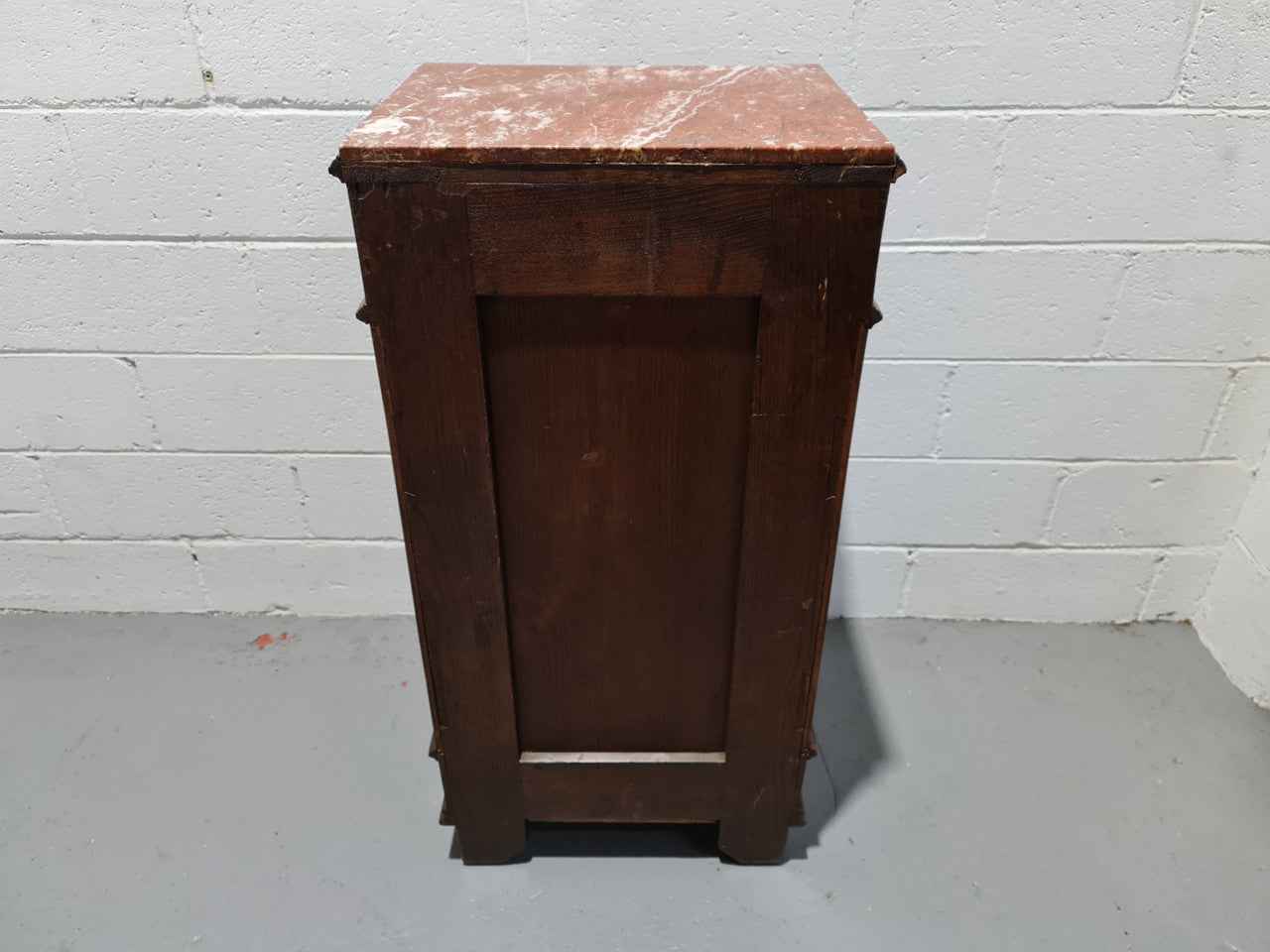 French Walnut Henry 2nd style three drawer one cupboard single side cabinet with rouge marble top. Circa: 1890. In Good original detailed condition.