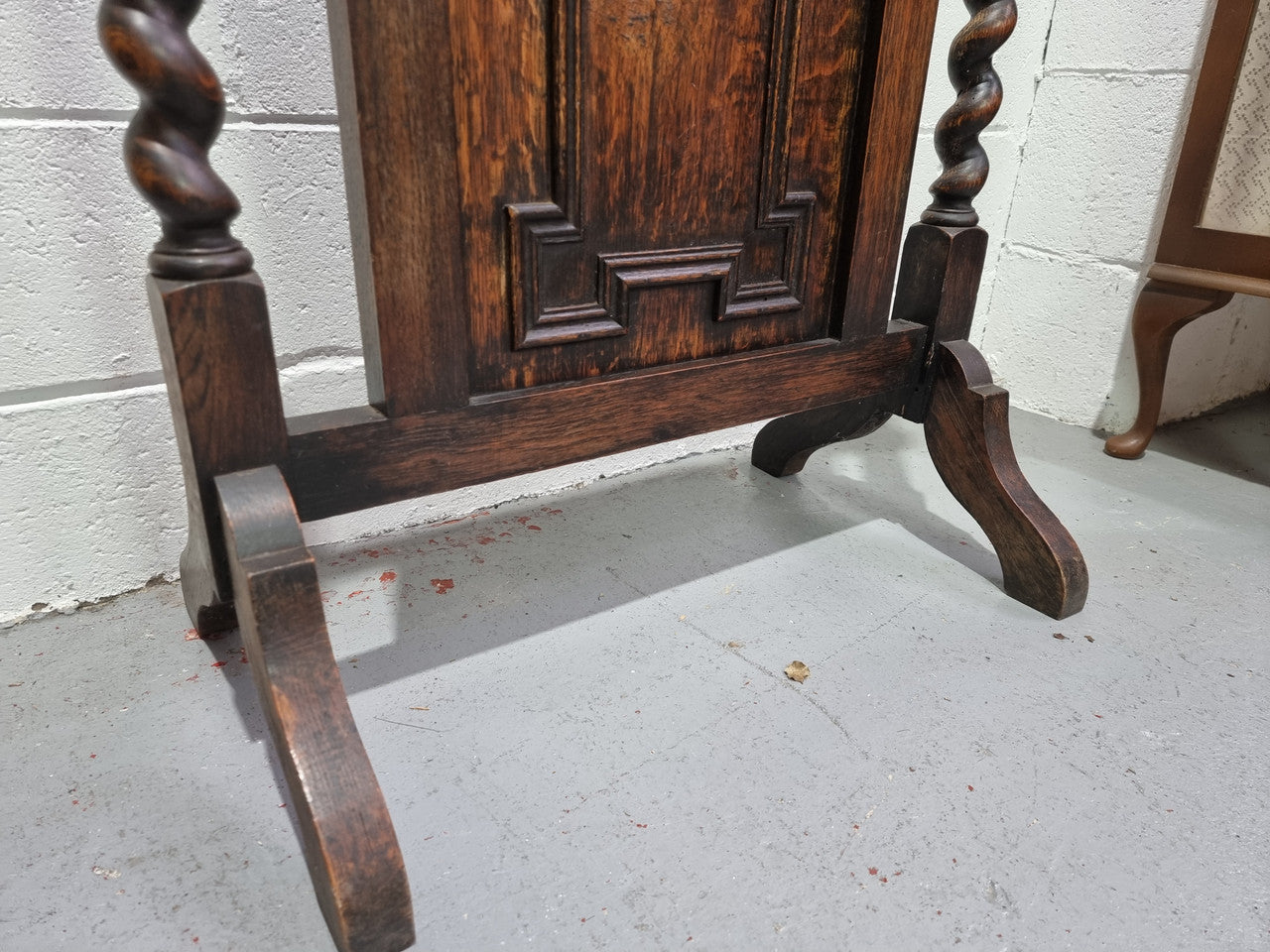 Antique English Oak Jacobean Style fire screen. In good original condition.