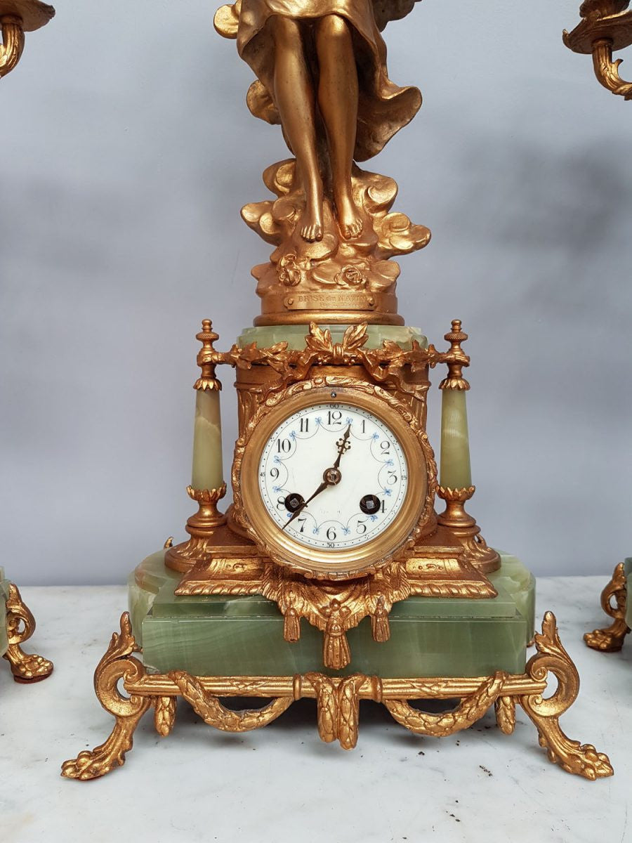 French Gilt Bronze Three Piece Clock Set