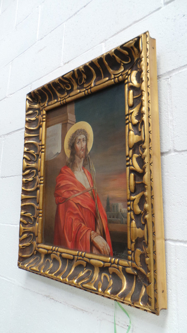 Superbly Painted Oil On Canvas Of Jesus In An Ornate Antique Gilt Decorated Frame.