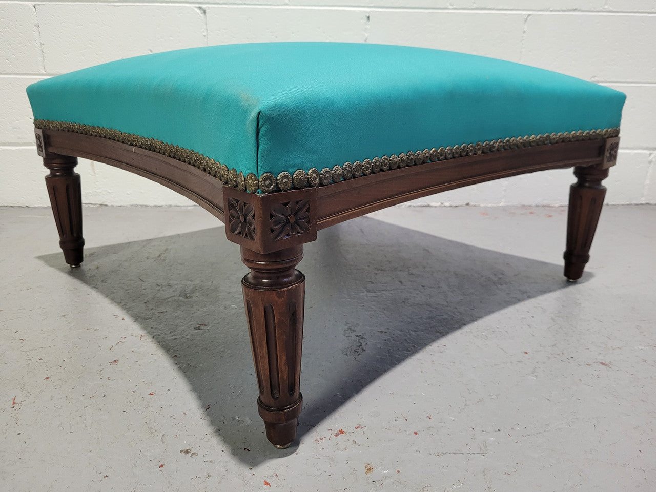 Louis XVI style Walnut blue upholstered large square foot stool. In good original condition.