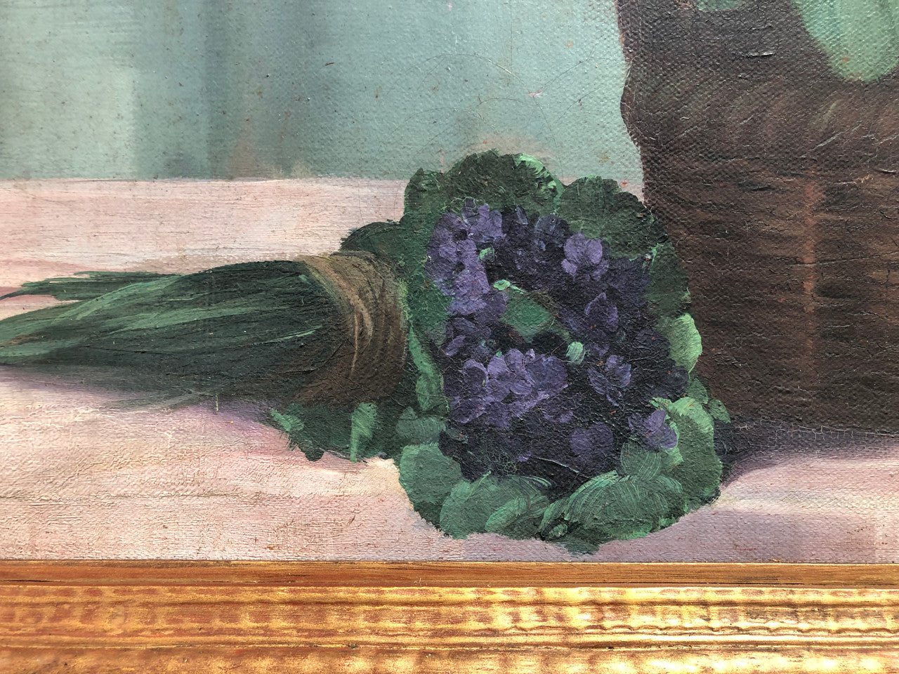 Lovely signed French framed oil on canvas painting of Hydrangers in a lovely gilt frame. It is in good original condition.
