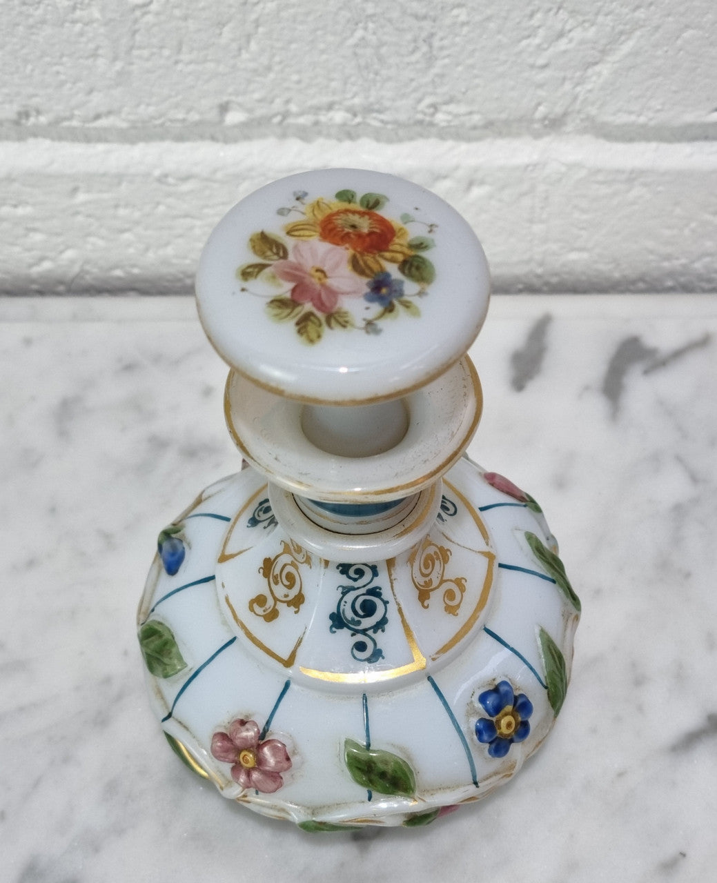 19th century French hand painted and gilded opaline glass scent/perfume bottle. It has marks to the base. In good original condition please view photos as they help form part of the description.
