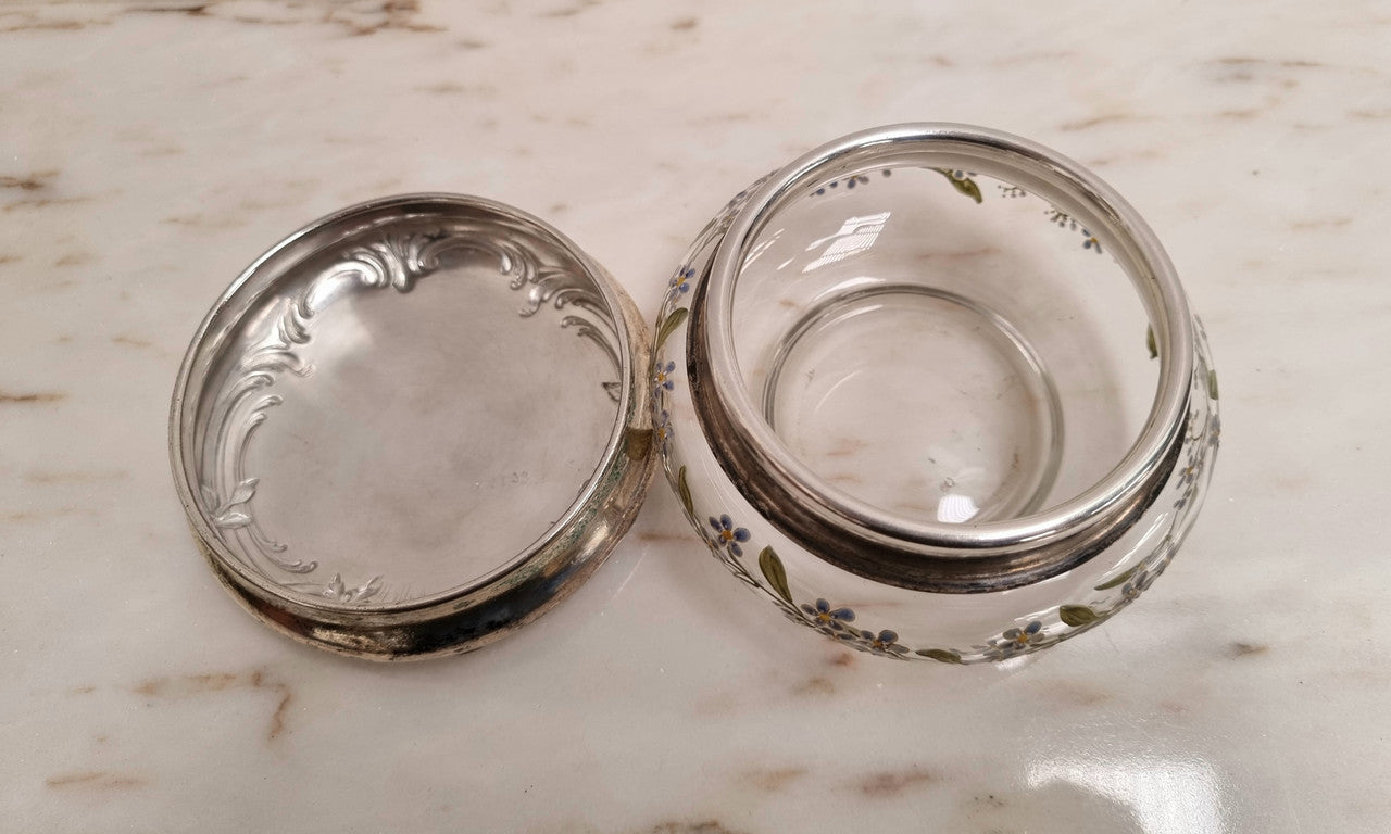 Edwardian Enameled Pattern Glass Dressing Table Bowl with Silver Plate Top