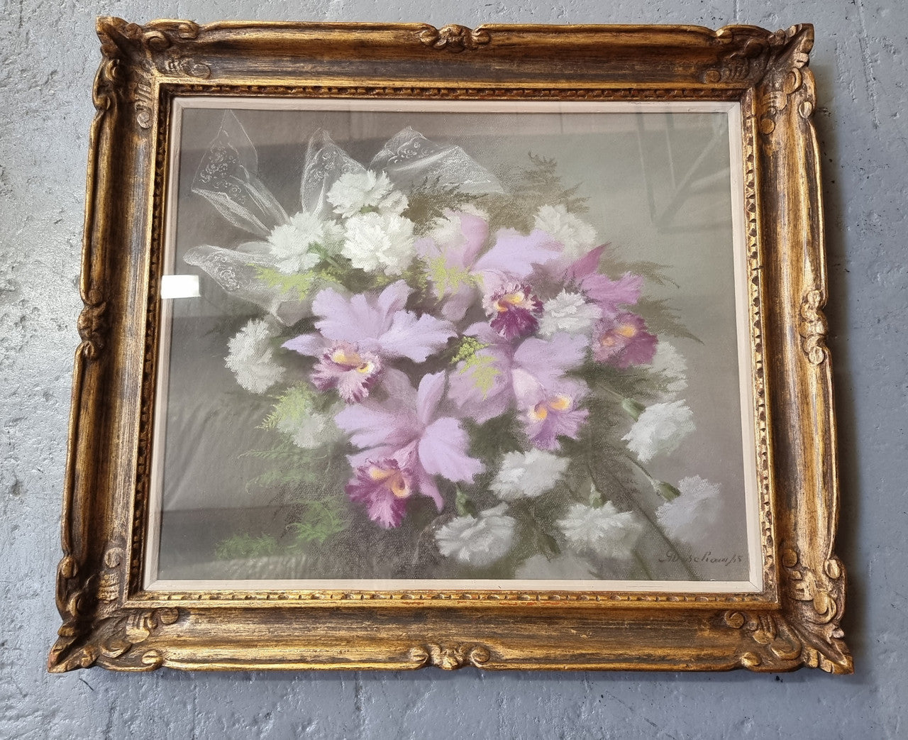 Beautifully framed French pastel painting of Irises, signed by "Gabriel Deschamps". In good original condition.
