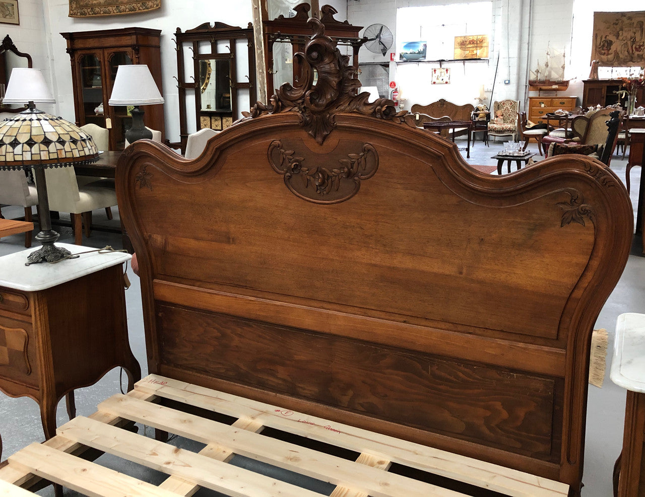 French Walnut Louis XV style queen size bed. Comes with custom made slats, all you need to is place you mattress on top.