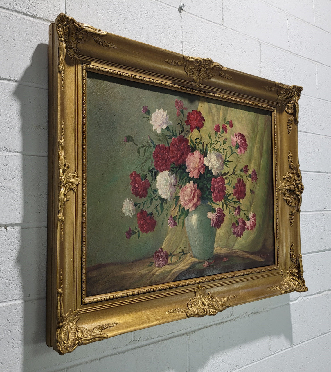 Stunning large French oil on canvas of a floral study signed, in good original gilt frame.