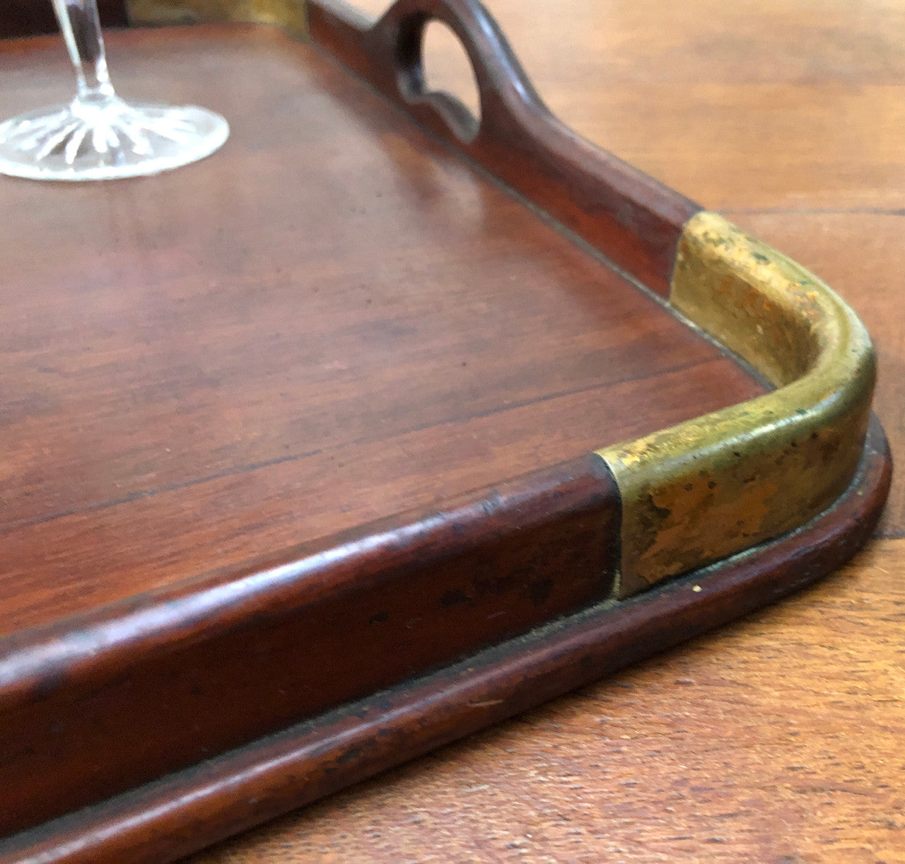 Beautiful Edwardian Mahogany and brass bound tray in good original detailed condition.