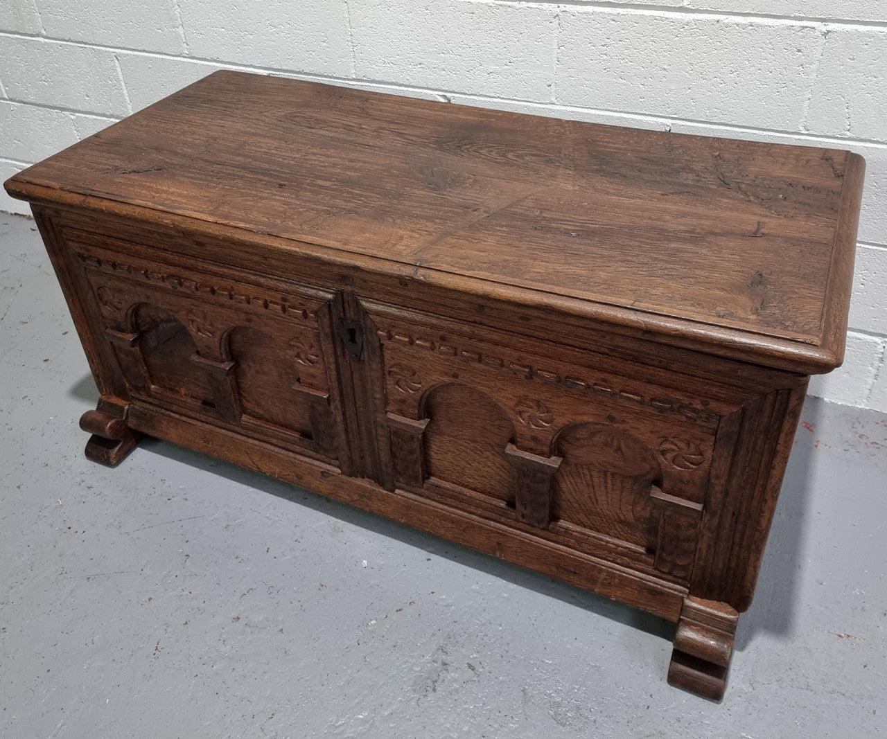 Fabulous carved French oak Antique Coffer / Chest with a lift up lid and loads of beautiful character in good original detailed condition.