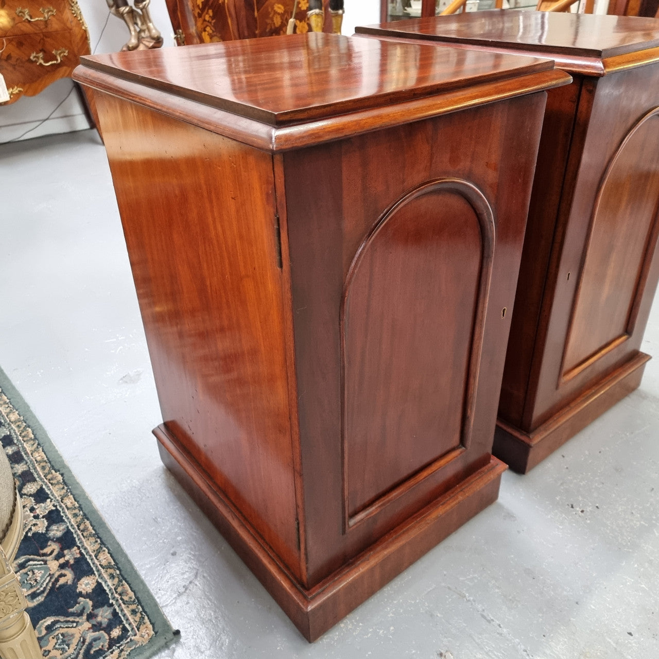 Unique pair of Victorian mahogany bedsides with one fixed shelf. Sourced locally and in good original detailed condition.