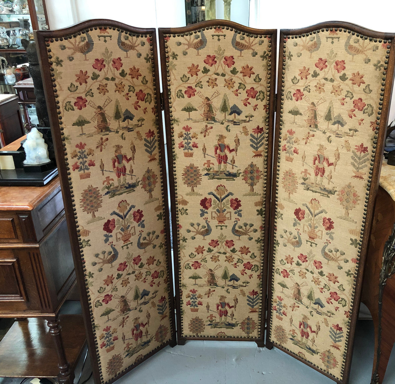 Vintage French Oak 3 fold tapestry covered privacy screen. Tapestry is in good condition with very minor wear and tear.