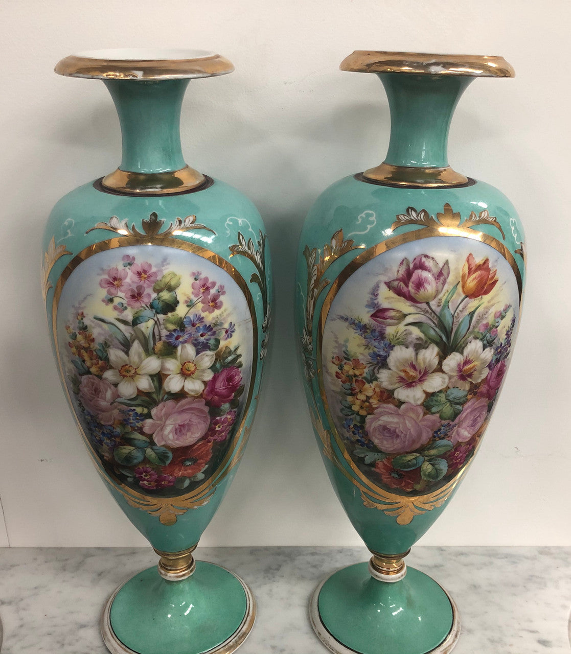 Pair of Antique French Limoges hand painted vases. Marked WG & Co (W Guerin & Co France Limoges) Circa 1900.