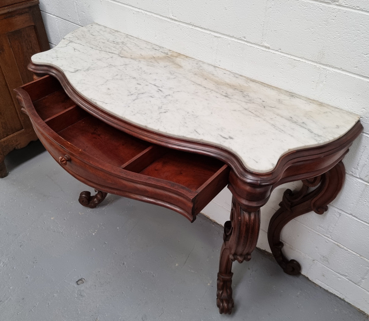 19th Century French Mahogany marble top console table. Louis XV style with white marble top and single drawer. Sourced from France and in good original detailed condition.