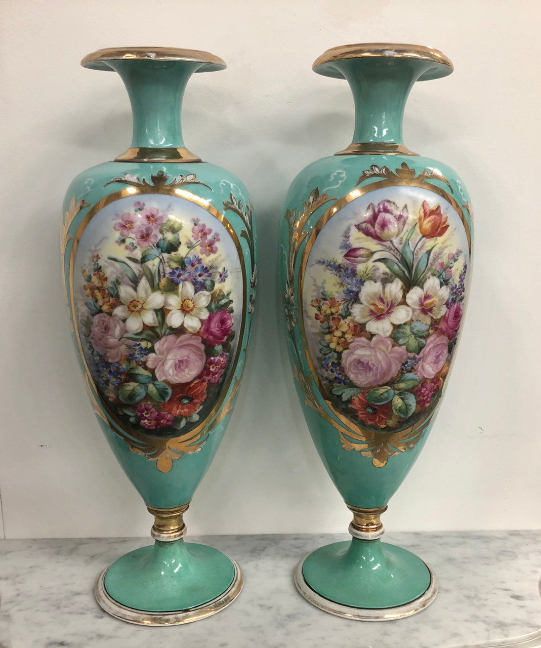 Pair of Antique French Limoges hand painted vases. Marked WG & Co (W Guerin & Co France Limoges) Circa 1900.