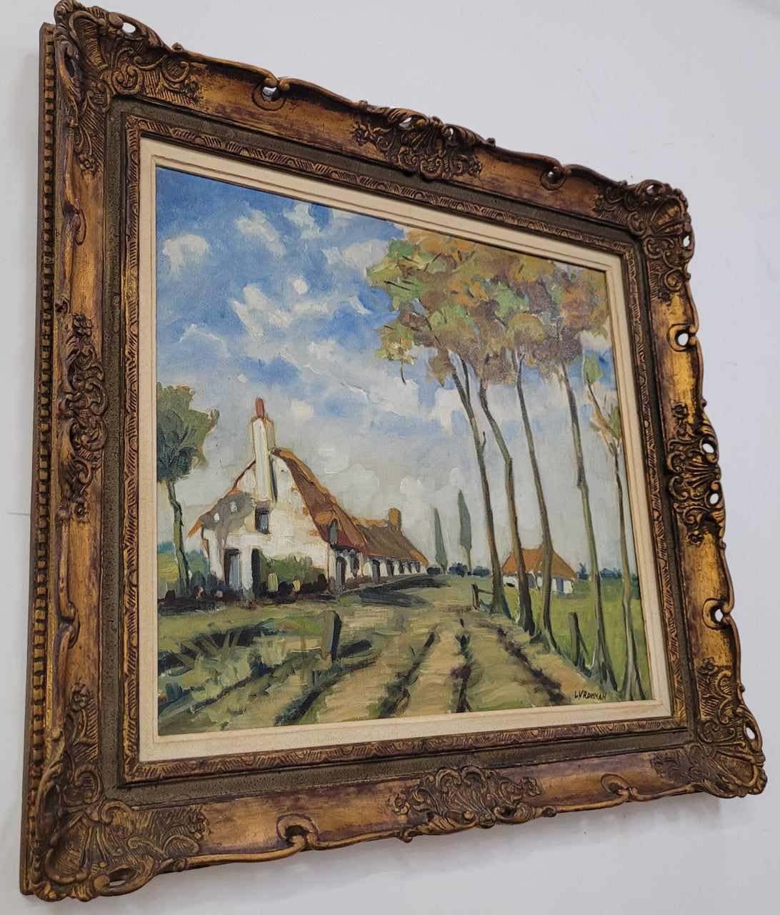 Impressionist style oil painting on canvas and on board of a farm scene. In an ornate gilt frame and in good original detailed condition.